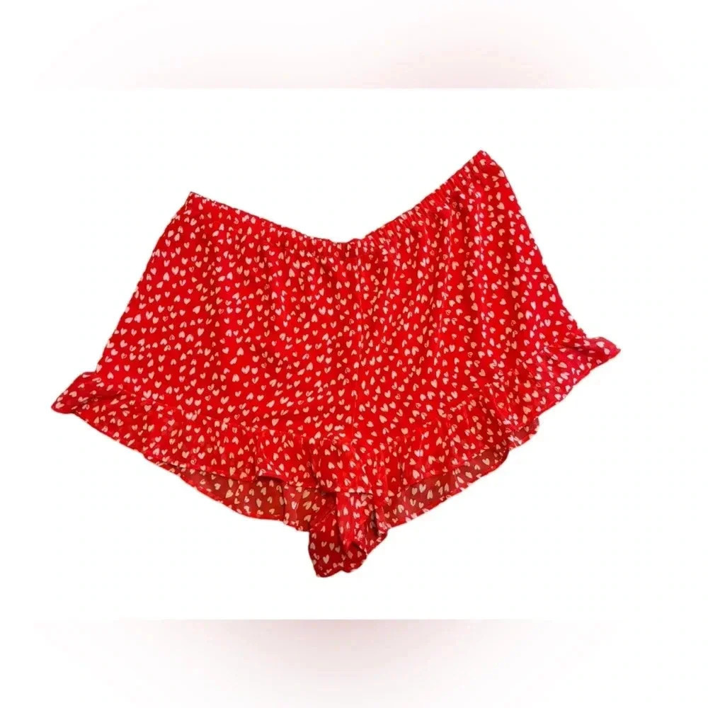 Victorias Secret Red Ruffle Pajama Shorts with White Heart Print Size XL